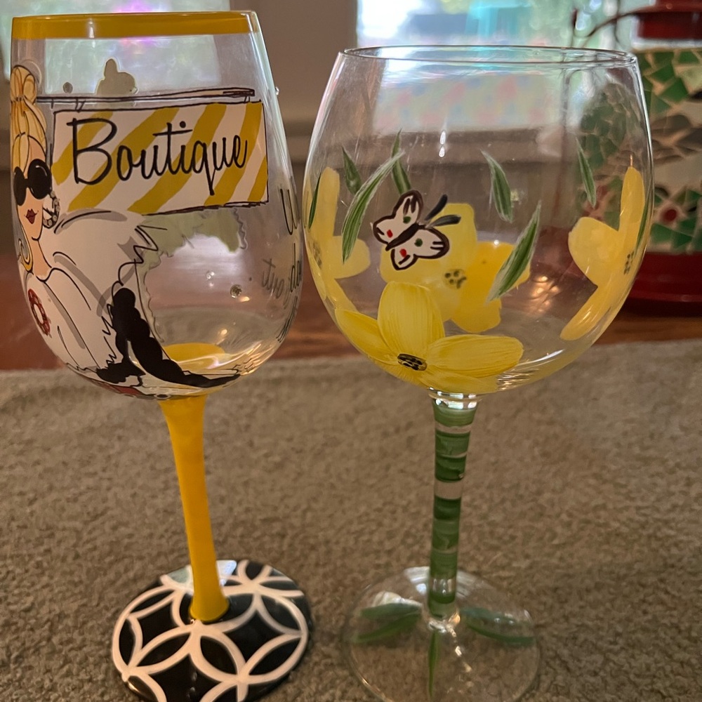 🌻 Vintage Set of Two Hand-Painted Wine Glasses Lolita 🌻 Yellow 🌻